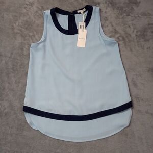 Pleione Double Layer Split Back‎ Tank Top Sz S Sleeveless Light Blue Navy Trim
